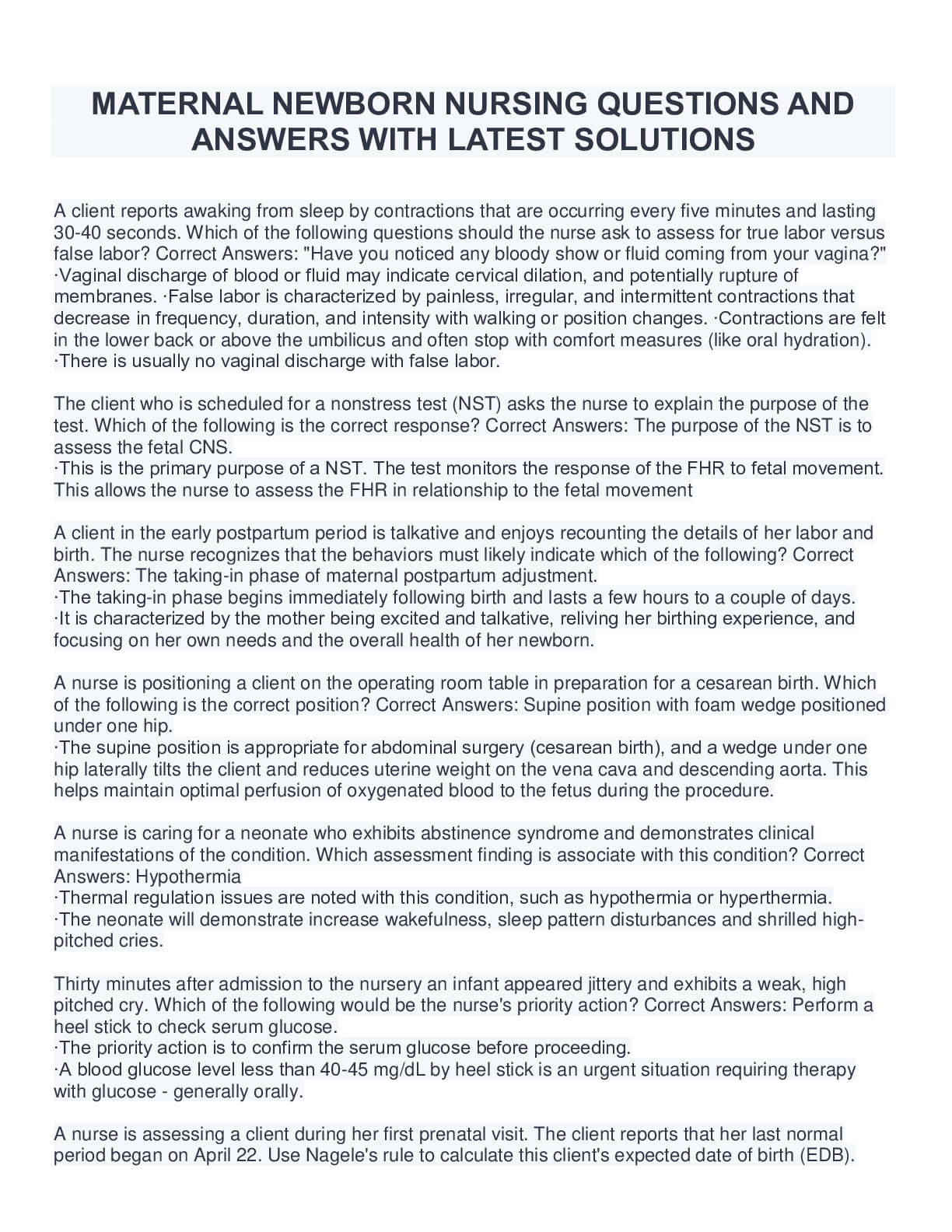 ATI MATERNAL NEWBORN NURSING QUESTIONS AND ANSWERS WITH LATEST